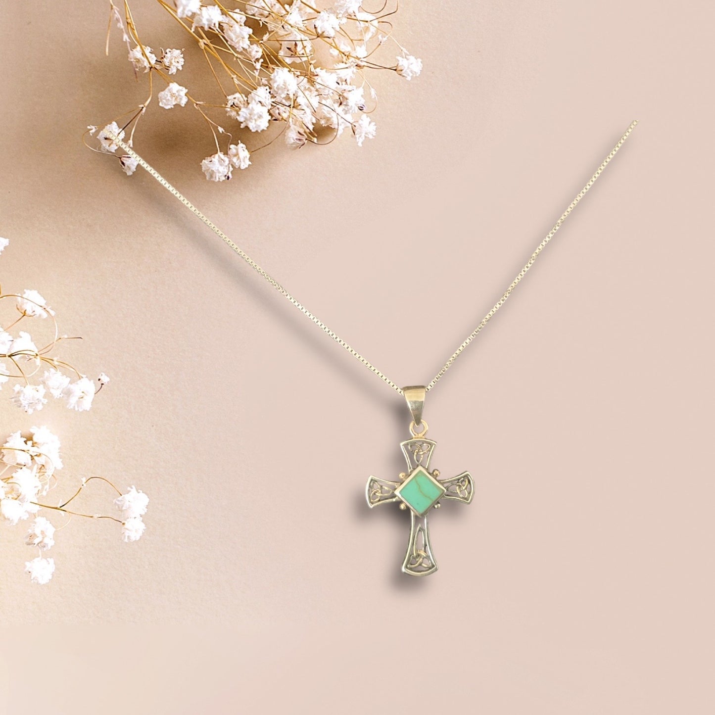 925 Sterling Silver Celtic Trinity/ Triquetra Turquoise Knot Cross Pendant Necklace + Free Chain