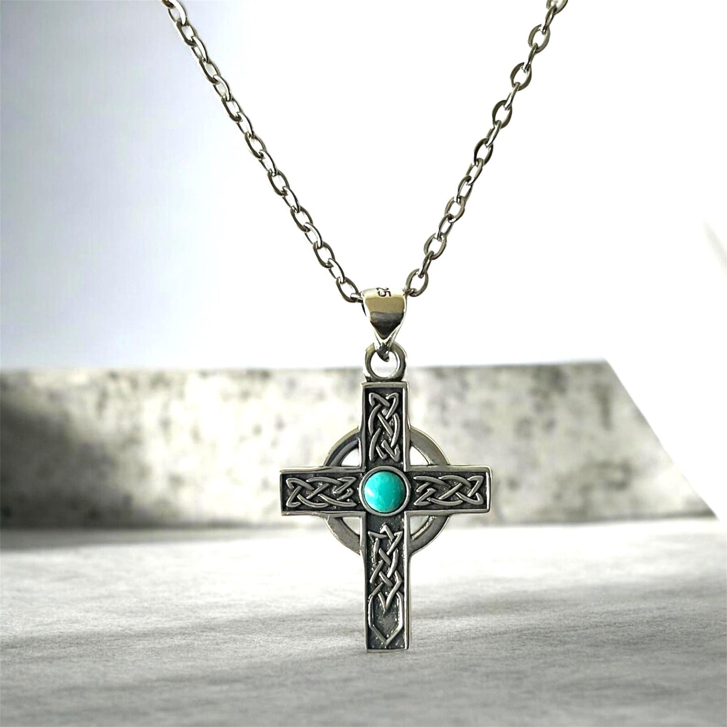 Large 925 Sterling Silver Celtic Cross Turquoise Pendant Necklace + Free Chain