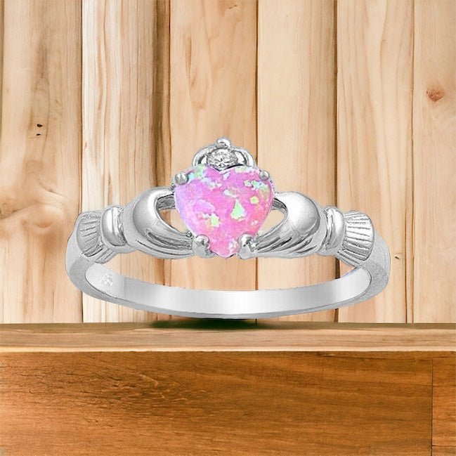 Sterling Silver Irish Claddagh Ring w/ Pink Lab Opal Size 6-13