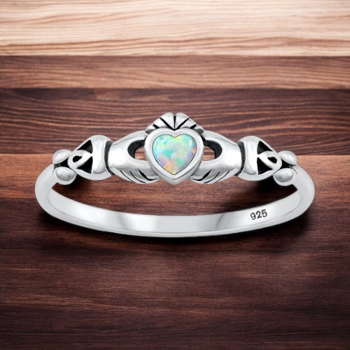 Sterling Silver Irish Claddagh Ring w/ White Opal