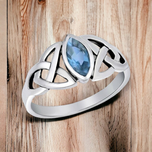 Silver Celtic Trinity / Triquetra Knot Ring Aquamarine CZ Size 4-10