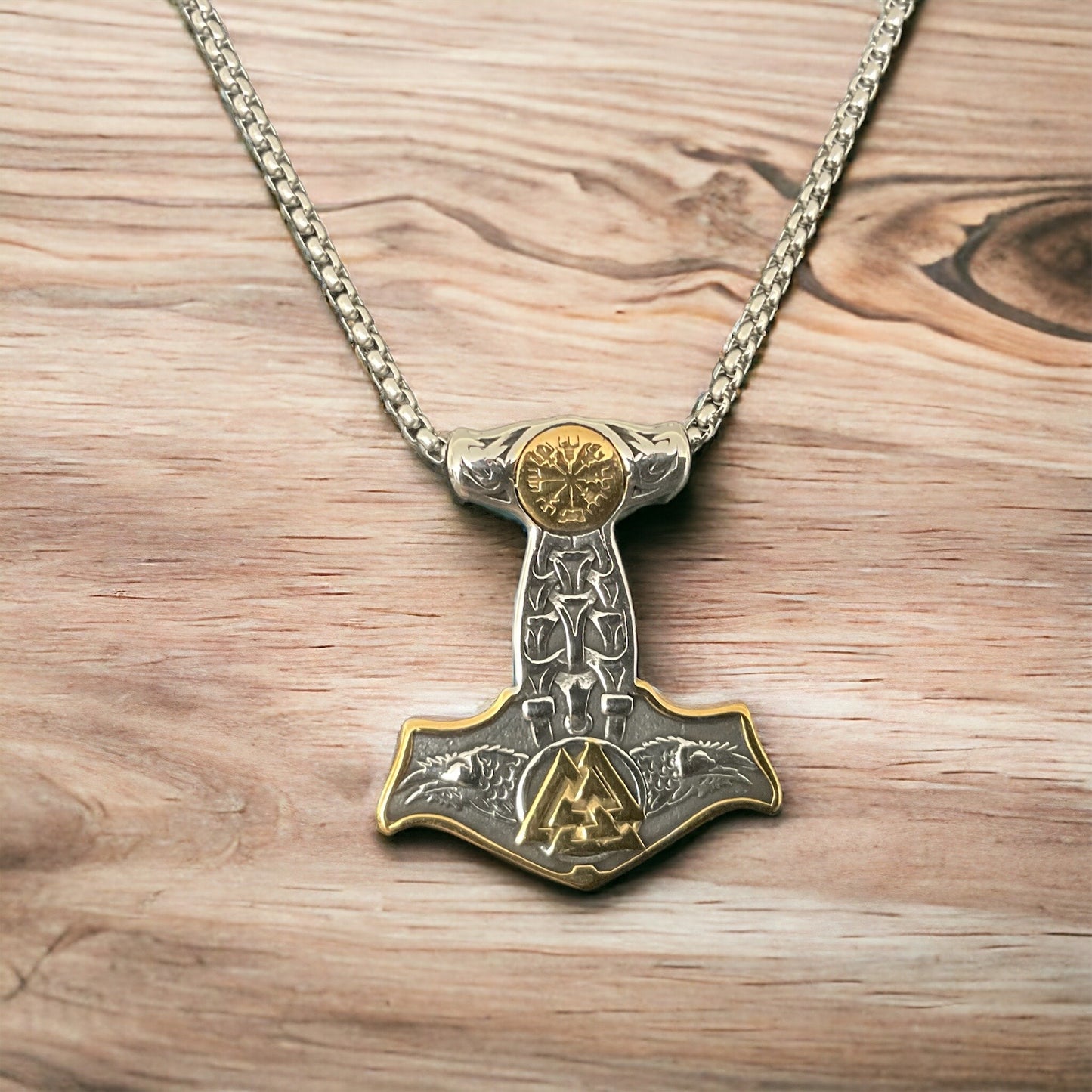 316L Double-Sided Surgical Stainless Steel Viking Norse Thor’s Hammer Mjolnir Pendant + Free Chain Necklace