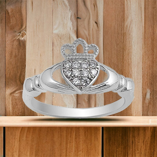 Sterling Silver Irish Claddagh Ring w/ Clear CZ Size 4-10