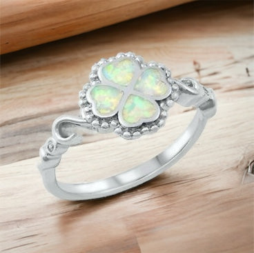 925 Sterling Silver Four Leaf Clover White Lab Opal Ring Band Size 5-10