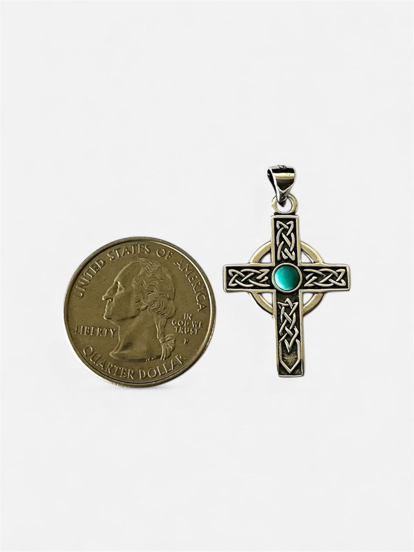Large 925 Sterling Silver Celtic Cross Turquoise Pendant Necklace + Free Chain