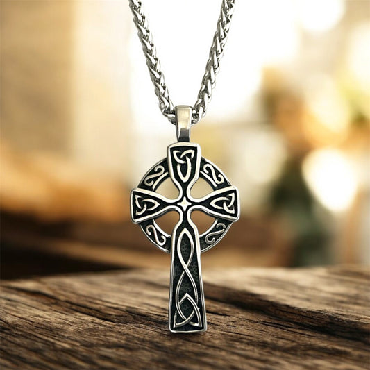 Large 316L Surgical Stainless Steel Irish Celtic Cross Pendant + Free Chain Necklace