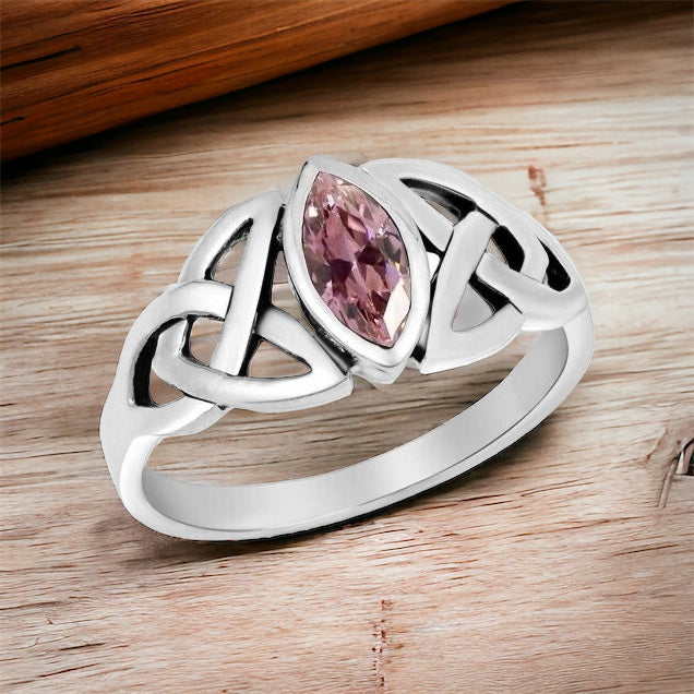 Silver Celtic Trinity / Triquetra Knot Ring Pink CZ Size 5-10
