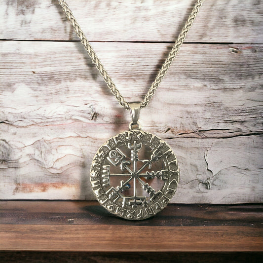 316L Surgical Stainless Steel Viking Norse Viking Compass Vegvisir Pendant + Free Chain Necklace