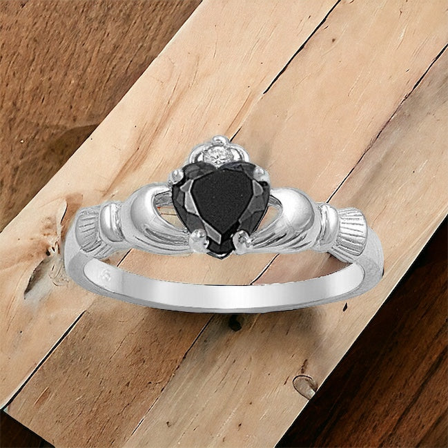 Sterling Silver Irish Claddagh Ring w/ Black CZ Size 3-13