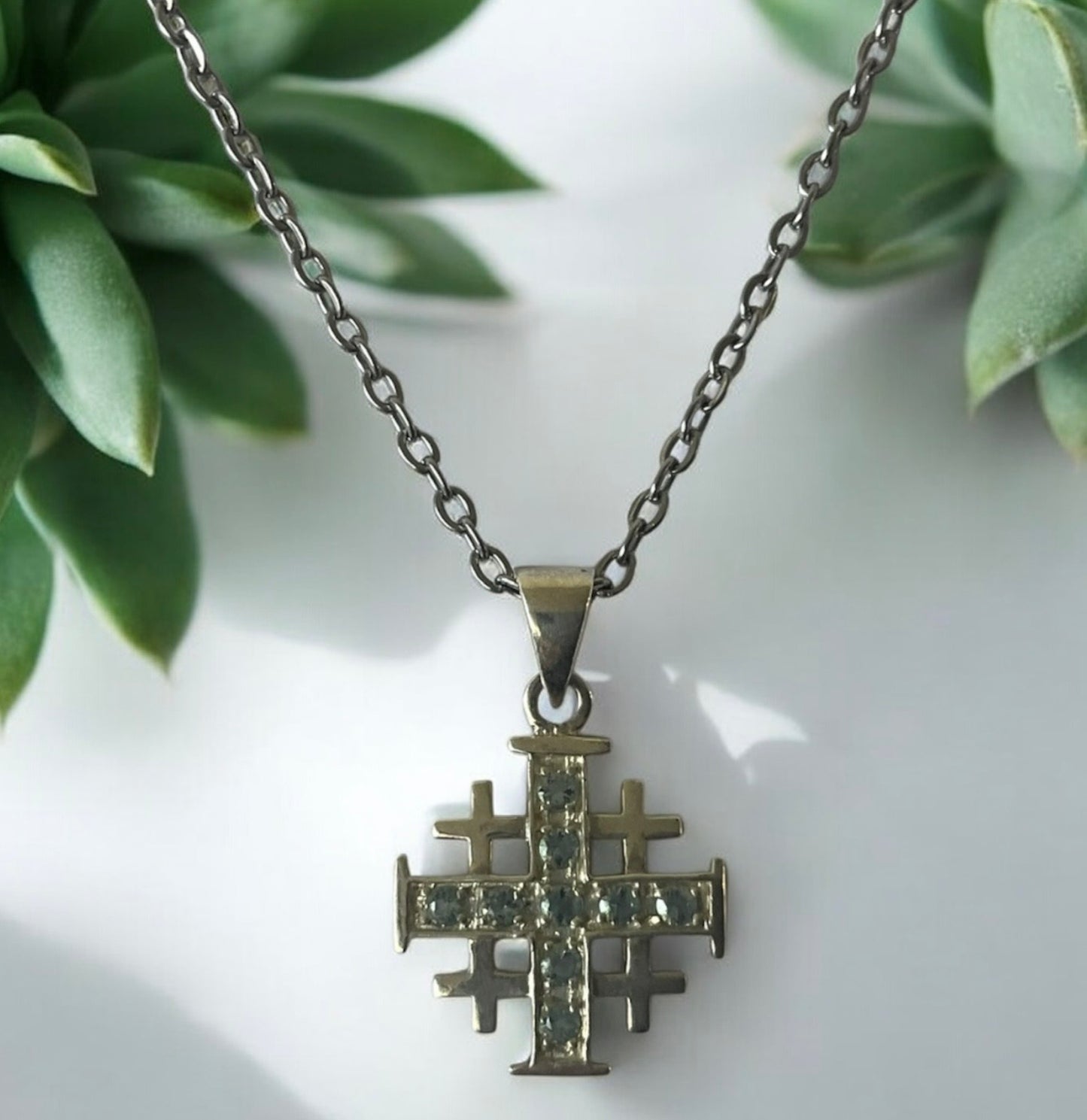 925 Sterling Silver Jerusalem / Crusader Cross w/ Blue Topaz CZ Pendant Necklace + Free Chain
