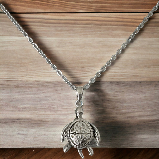 925 Sterling Silver Celtic Turtle Pendant Necklace + Free Chain