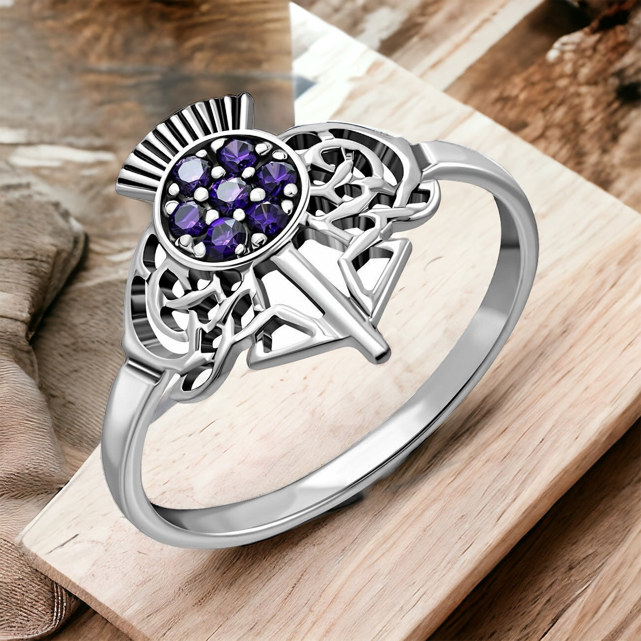 925 Sterling Silver Scottish Thistle Ring with Amethyst CZ
