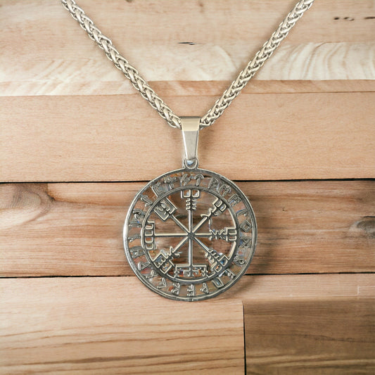 316L Surgical Stainless Steel Viking Norse Viking Compass Vegvisir Pendant + Free Chain Necklace