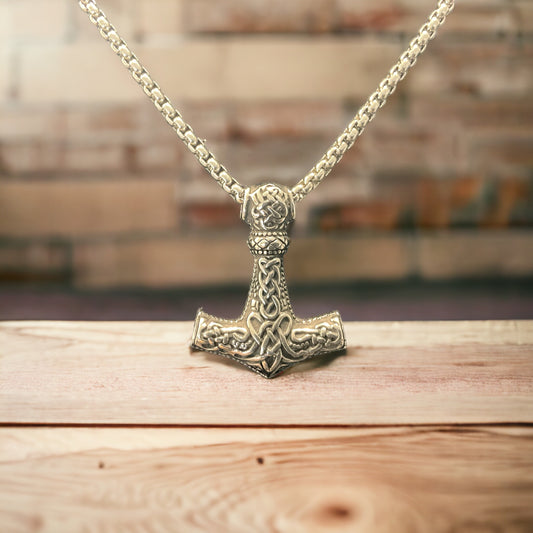316L Double-Sided Surgical Stainless Steel Viking Norse Thor’s Hammer Mjolnir Pendant + Free Chain Necklace