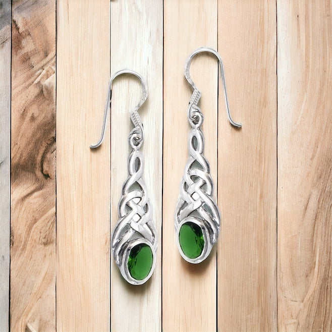 Silver Celtic Dangle Earrings w/ Emerald Green CZ