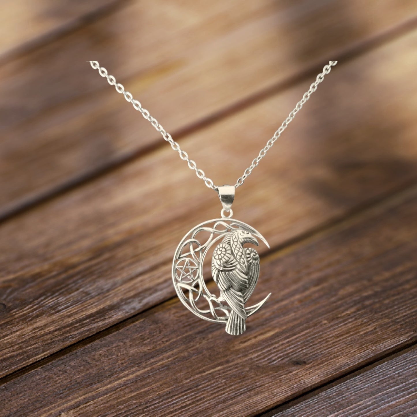 Handcast 925 Sterling Silver Raven Pendant on Crescent Moon accented with Celtic Knotwork + Free Chain