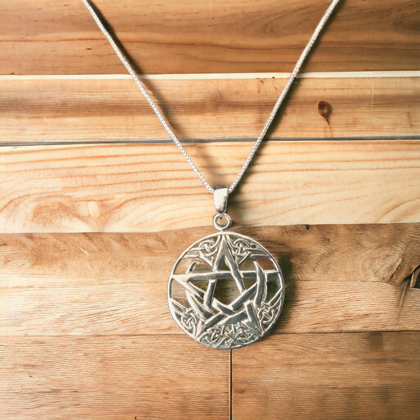 925 Sterling Silver Celtic Crescent Moon Pentagram Pentacle Pendant + Chain