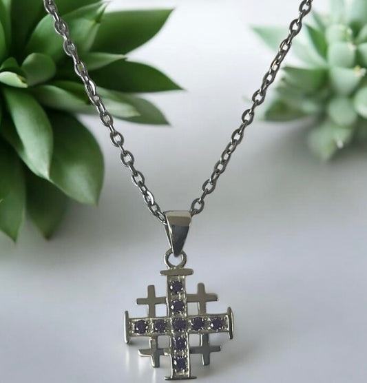 925 Sterling Silver Jerusalem / Crusader Cross w/ Amethyst CZ Pendant Necklace + Free Chain