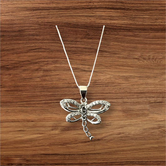 925 Sterling Silver Dragonfly Pendant Clear CZ Necklace + Free Chain