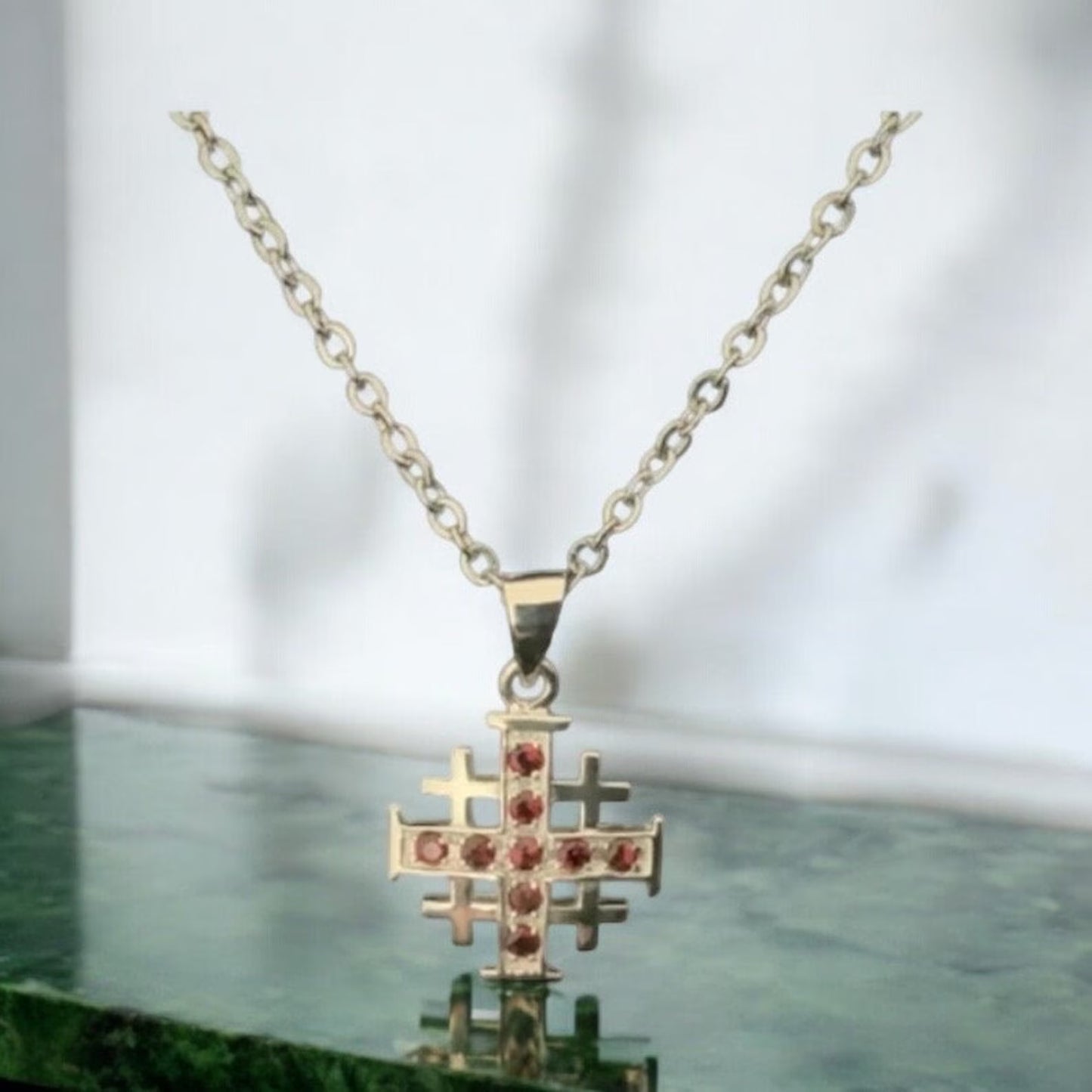 925 Sterling Silver Jerusalem / Crusader Cross w/ Garnet CZ Pendant Necklace + Free Chain