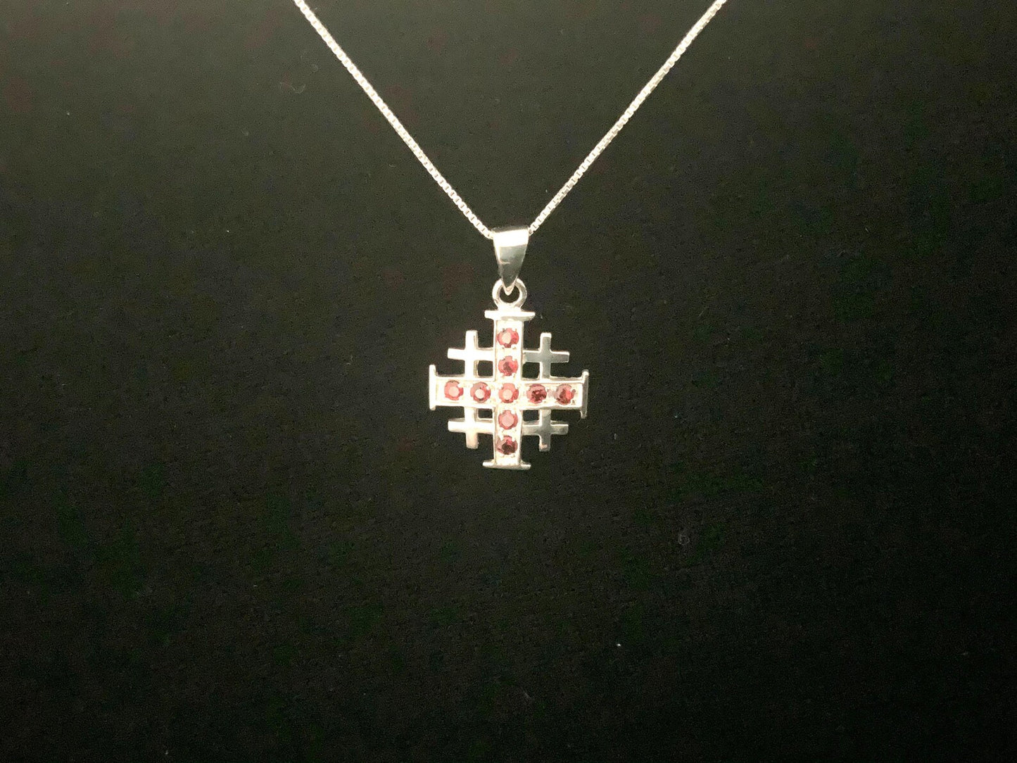 925 Sterling Silver Jerusalem / Crusader Cross w/ Garnet CZ Pendant Necklace + Free Chain