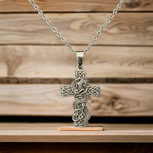 Large Handcast 925 Sterling Silver Irish Celtic Cross Serpent / Snake Pendant + Free Chain Necklace