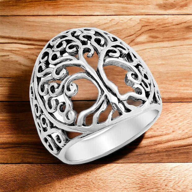 Large 925 Sterling Silver Celtic Tree of Life Ring Band Size 5-10