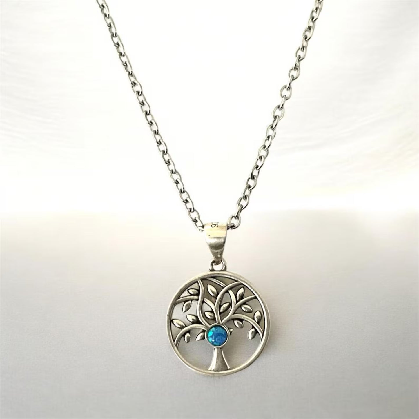 925 Sterling Silver Tree of Life Pendant w/ Blue Opal Necklace + Free Chain