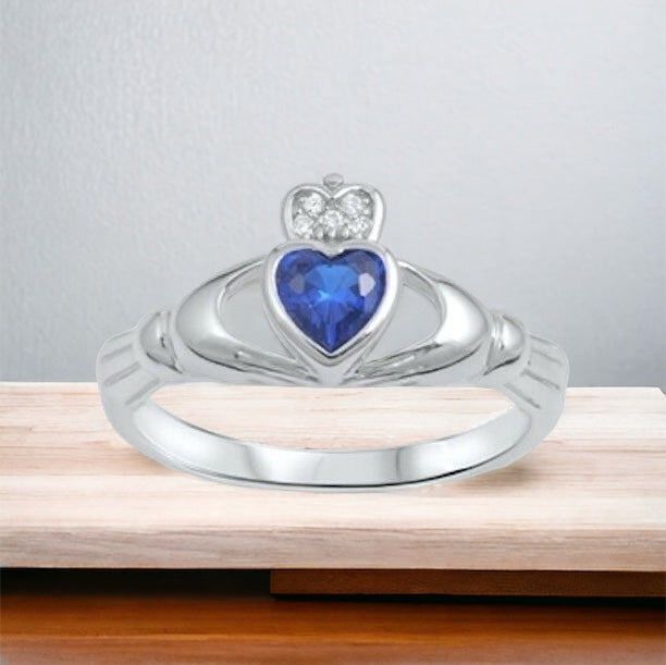 Sterling Silver Irish Claddagh Ring w/ Sapphire CZ Heart Size 4-10