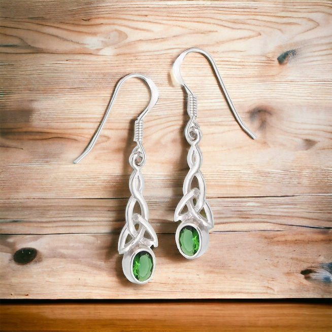 Silver Celtic Dangle Earrings w/ Emerald Green CZ