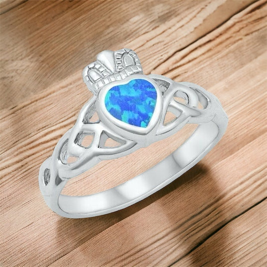 925 Sterling Silver Irish Celtic Claddagh Ring w/ Lab Blue Opal Size 5-10