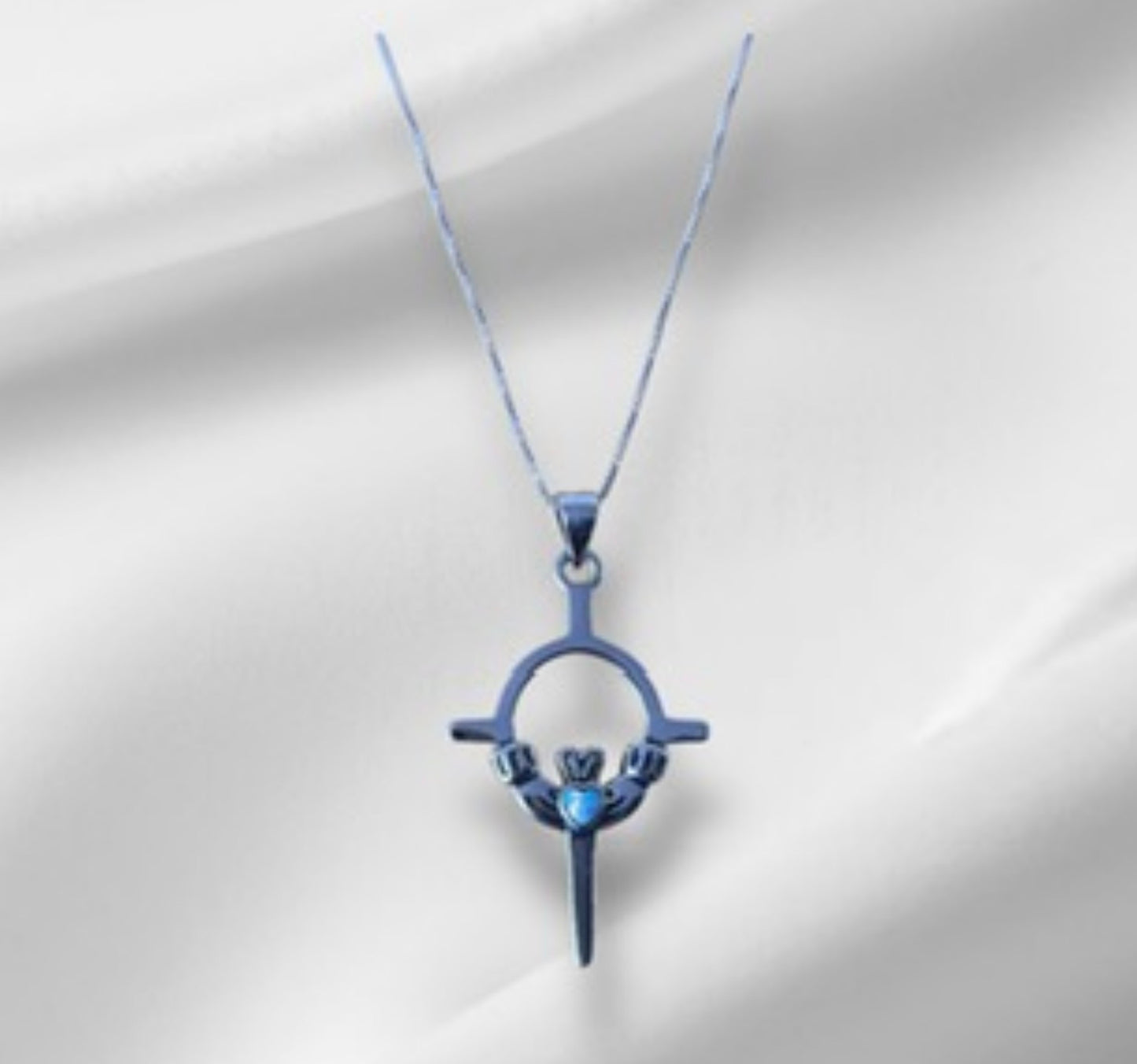 925 Sterling Silver Irish Celtic Claddagh Claddaugh Cross Pendant Turquoise Necklace Free Chain