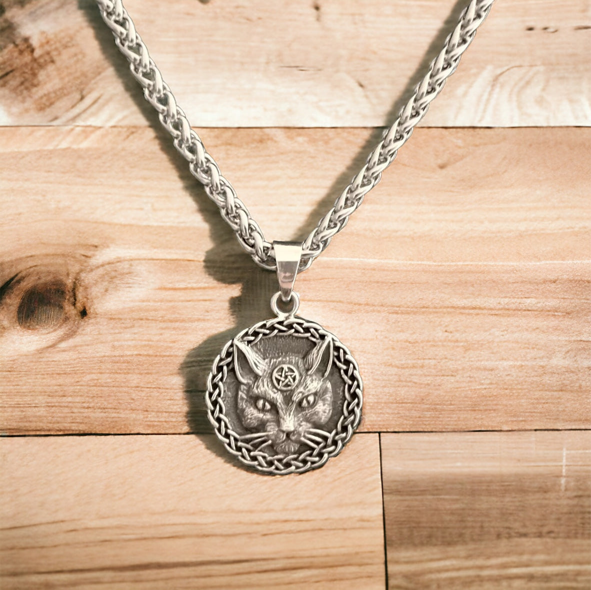 925 Sterling Silver Celtic Cat Pendant accented with Celtic Knotwork + Free Chain