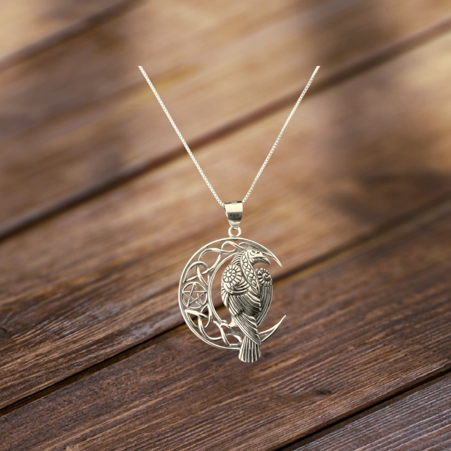 Handcast 925 Sterling Silver Raven Pendant on Crescent Moon accented with Celtic Knotwork + Free Chain