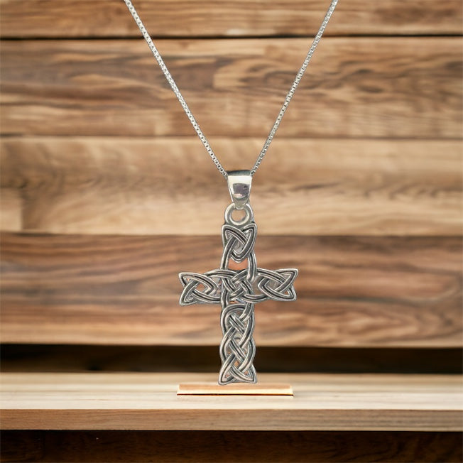 Handcast 925 Sterling Silver Celtic Braided Knot Cross Pendant Necklace + Free Chain