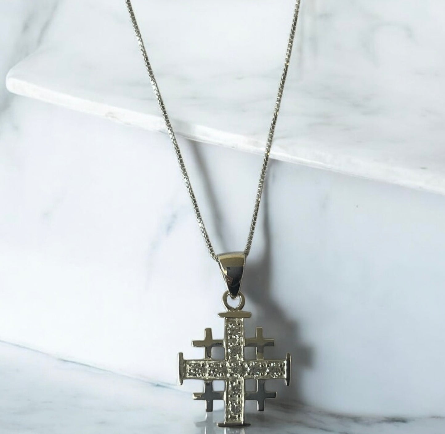 925 Sterling Silver Jerusalem / Crusader Cross w/ Clear CZ Pendant Necklace + Free Chain