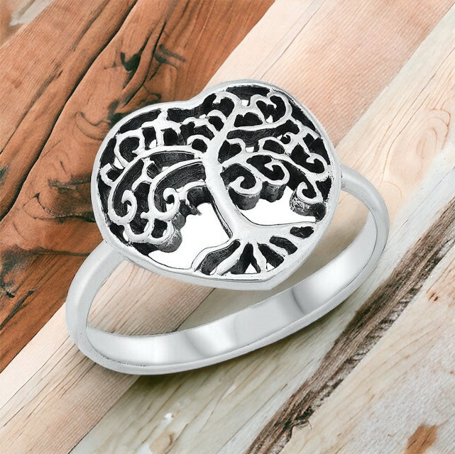 925 Sterling Silver Tree of Life Heart Ring Band Size 5-10