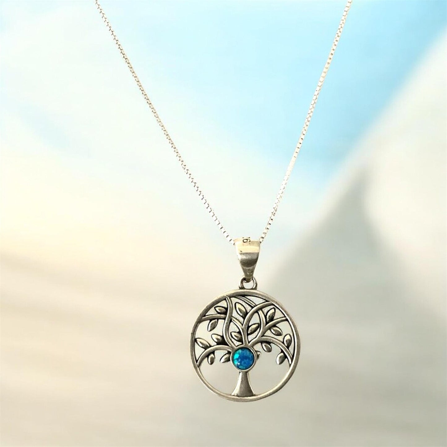 925 Sterling Silver Tree of Life Pendant w/ Blue Opal Necklace + Free Chain