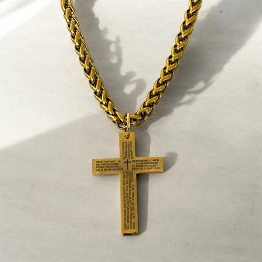 Large Gold PVD Titanium 316L Surgical Stainless Steel Christian Religious Cross Pendant + Free Chain Necklace