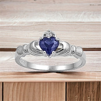 Sterling Silver Irish Claddagh Ring w/ Blue Sapphire CZ