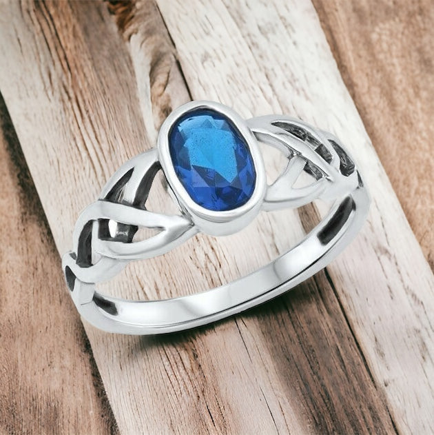 Silver Celtic Triquetra / Trinity Knot Ring Blue Sapphire CZ Size 4-12