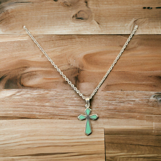 925 Sterling Silver Turquoise Cross Pendant + Free Chain Necklace