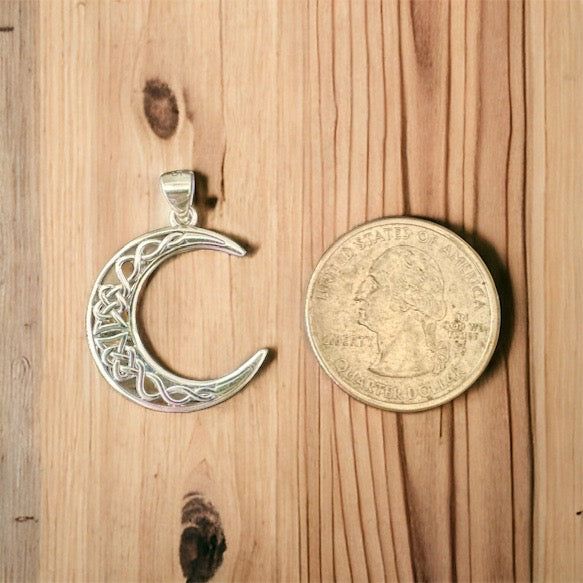 925 Sterling Silver Irish Celtic Crescent Moon Pendant + Free Chain Necklace
