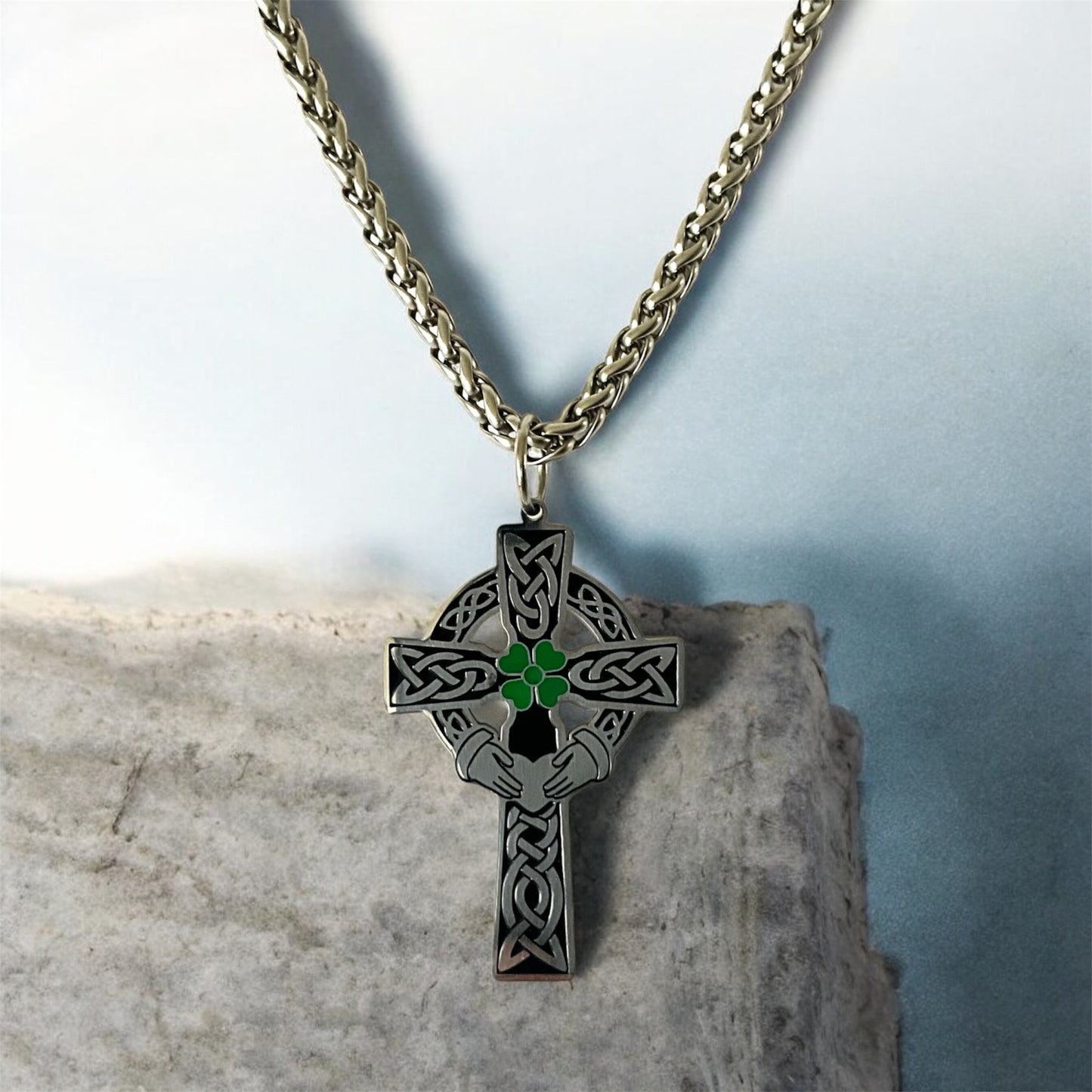 316L Surgical Stainless Steel Irish Claddagh Cross Pendant + Free Chain Necklace