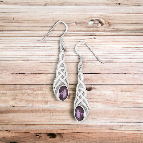 Silver Celtic Dangle Earrings Amethyst CZ