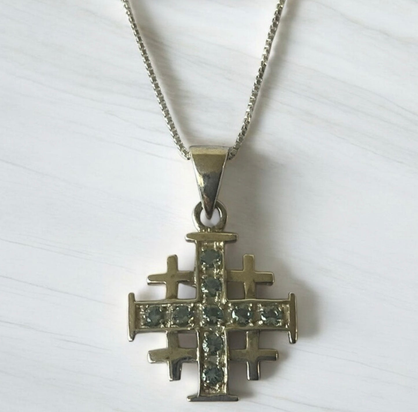 925 Sterling Silver Jerusalem / Crusader Cross w/ Blue Topaz CZ Pendant Necklace + Free Chain