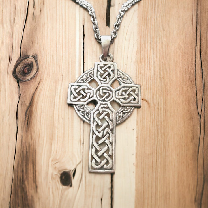 Large Handcast 925 Sterling Silver Irish Celtic Cross Pendant + Free Chain Necklace