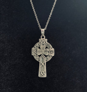 Large Silver Irish Celtic Shamrock Cross Pendant + Free Chain