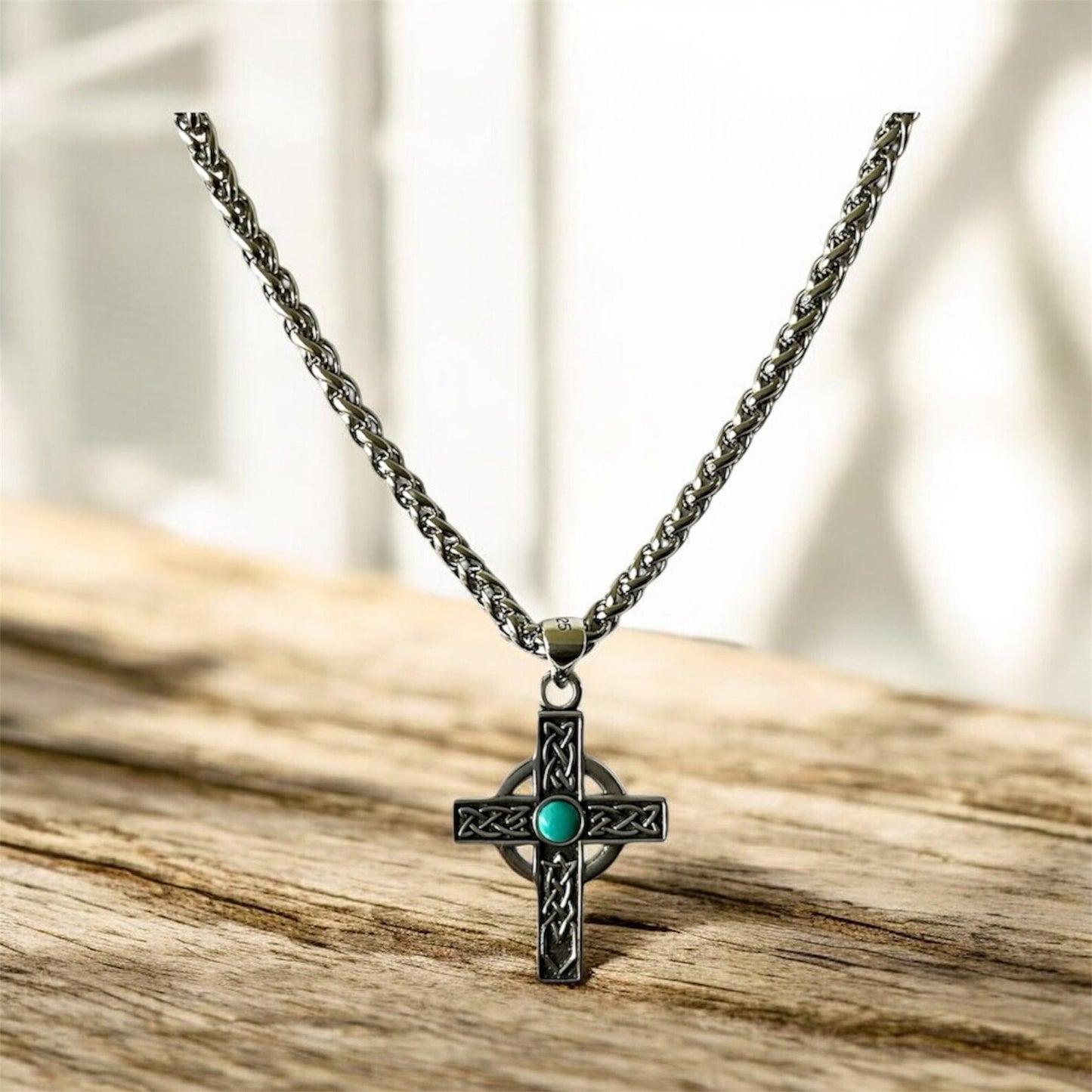 Large 925 Sterling Silver Celtic Cross Turquoise Pendant Necklace + Free Chain