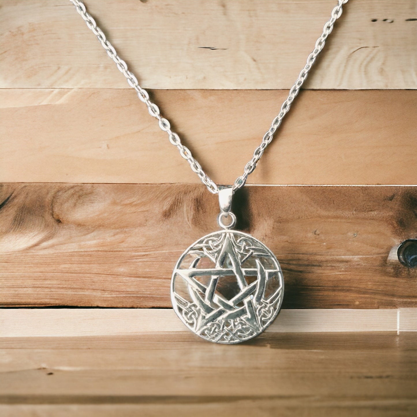 925 Sterling Silver Celtic Crescent Moon Pentagram Pentacle Pendant + Chain